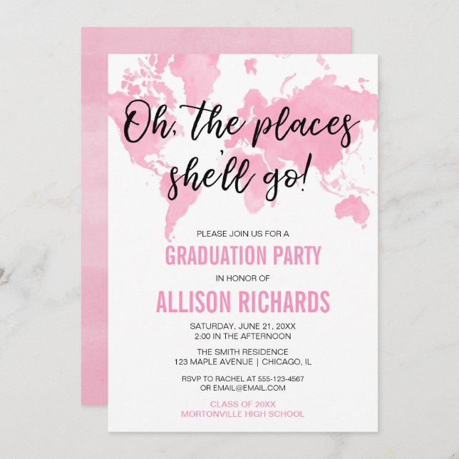 Oh the places she'll go pink girl graduation party invitation (Front/Back)