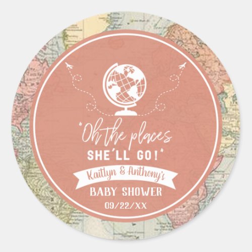 Oh The Places Shell Go Travel Map Baby Shower Classic Round Sticker