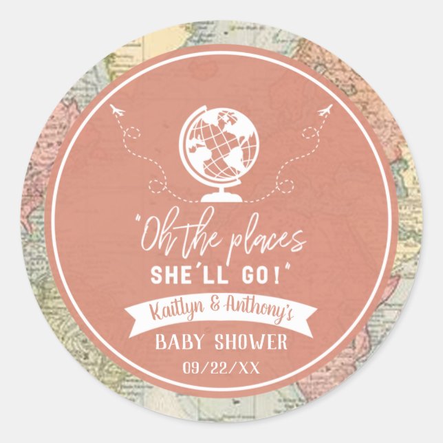 "Oh The Places She'll Go!" Travel Map Baby Shower Classic Round Sticker (Front)