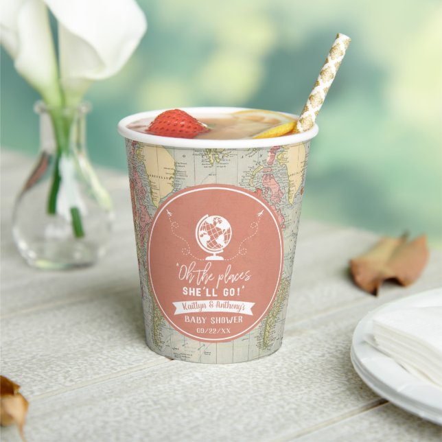 "Oh The Places She'll Go!" Travel Map Baby Shower Paper Cups (Insitu)