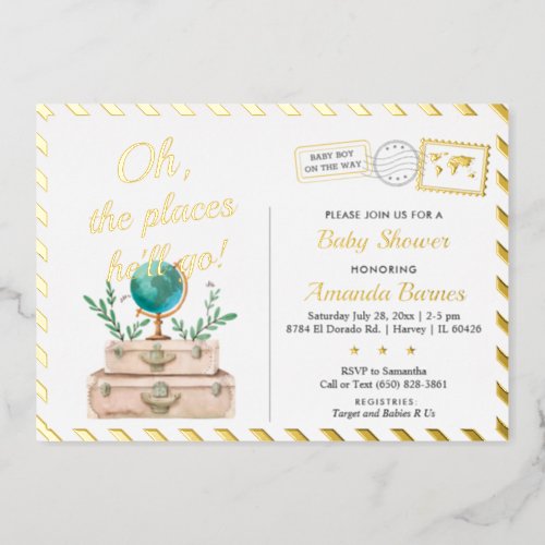 Oh The Places Travel Baby Boy Shower Adventure Map Foil Invitation