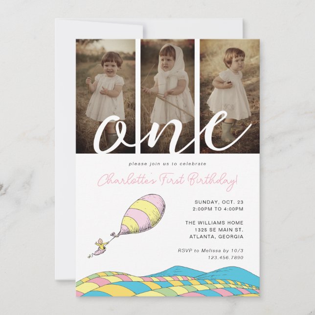 Oh! the Places You'll Go! Girl 1st Birthday Photo Invitation (Front)