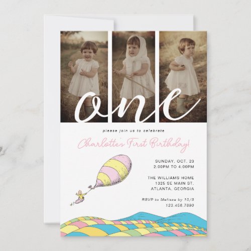 Oh the Places Youll Go Girl 1st Birthday Photo Invitation