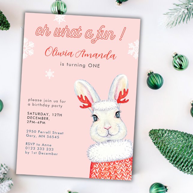 Oh What A Fun Winter Pink First 1st Birthday Invitation (Creator Uploaded)