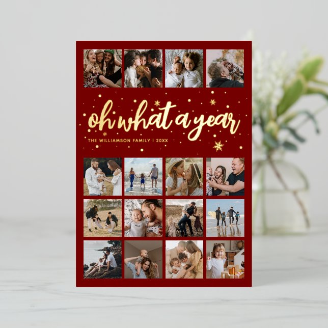 Oh What a Year Christmas Photo Foil Holiday Card (Standing Front)