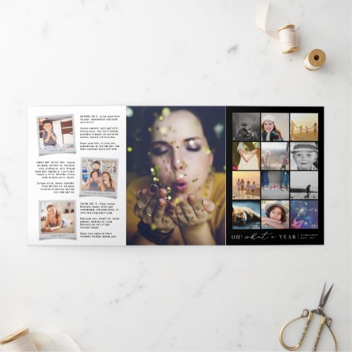 Oh What A Year In Review Modern 20 Photo Collage Tri_Fold Holiday Card