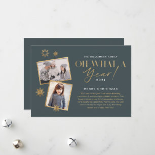 Oh What a Year! Year in Review Gold & Grey 2 Photo Holiday Card