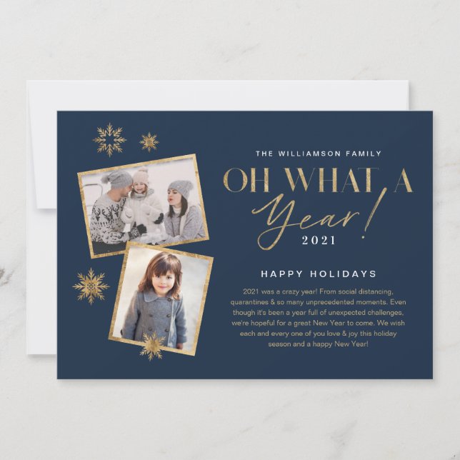 Oh What a Year! Year in Review Gold & Navy 2 Photo Holiday Card (Front)