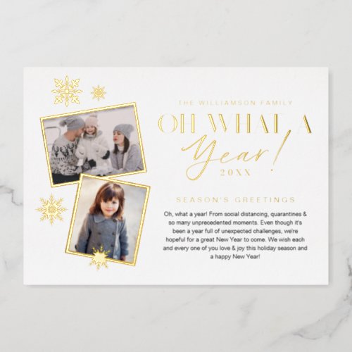 Oh What a Year Year in Review Gold White 2 Photo Foil Holiday Card
