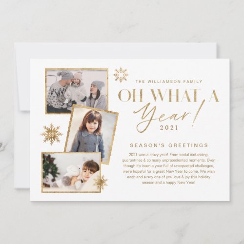 Oh What a Year Year in Review Gold White 3 Photo Holiday Card
