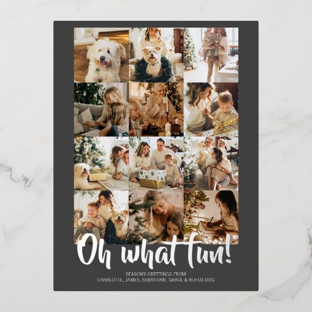Oh What Fun 12 Photo Christmas Foil Holiday Postcard (Front)