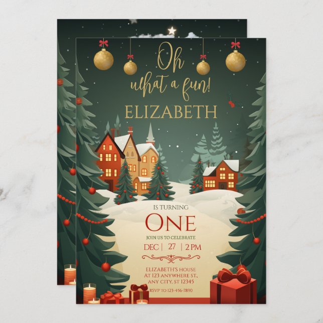 Oh What Fun 1st Birthday Christmas  Invitation (Front/Back)