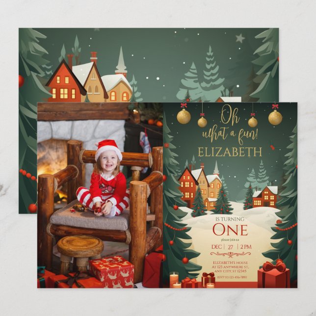 Oh What Fun 1st Birthday Photo Christmas  Invitation (Front/Back)