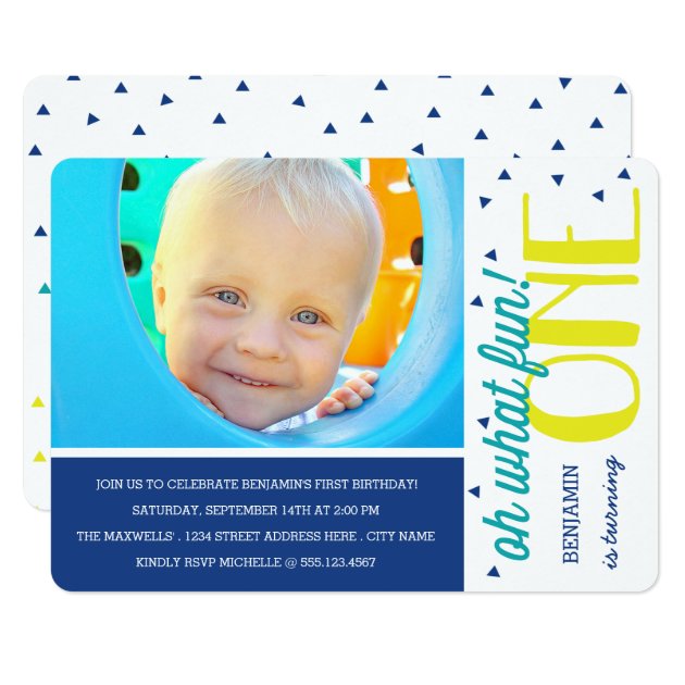 Oh What Fun 1st Birthday Photo Party Invite / Blue