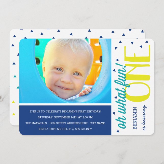 Oh What Fun 1st Birthday Photo Party Invite / Blue (Front/Back)