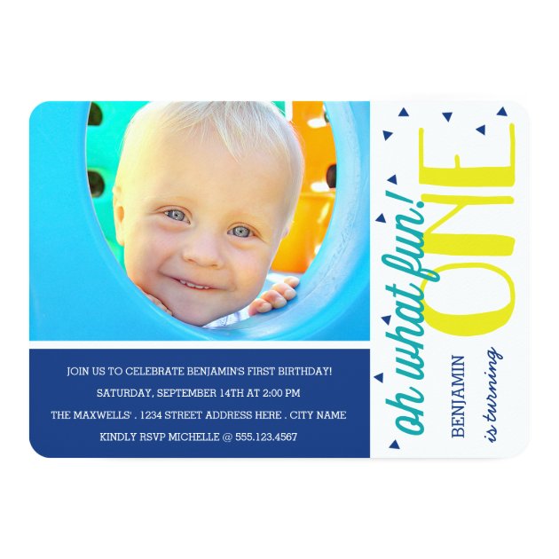 Oh What Fun 1st Birthday Photo Party Invite / Blue