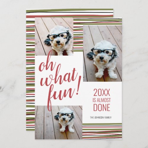 Oh What Fun _ 20XX is Almost Done _ red 3 Photo Holiday Card