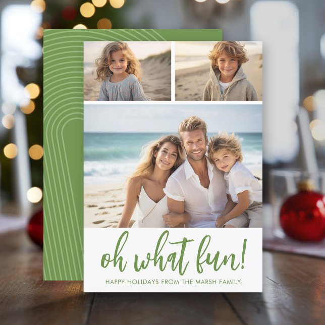 Oh What Fun - 3 Photo - Zen Arch Green White Holiday Card (Modern Christmas Photo Greeting Card)