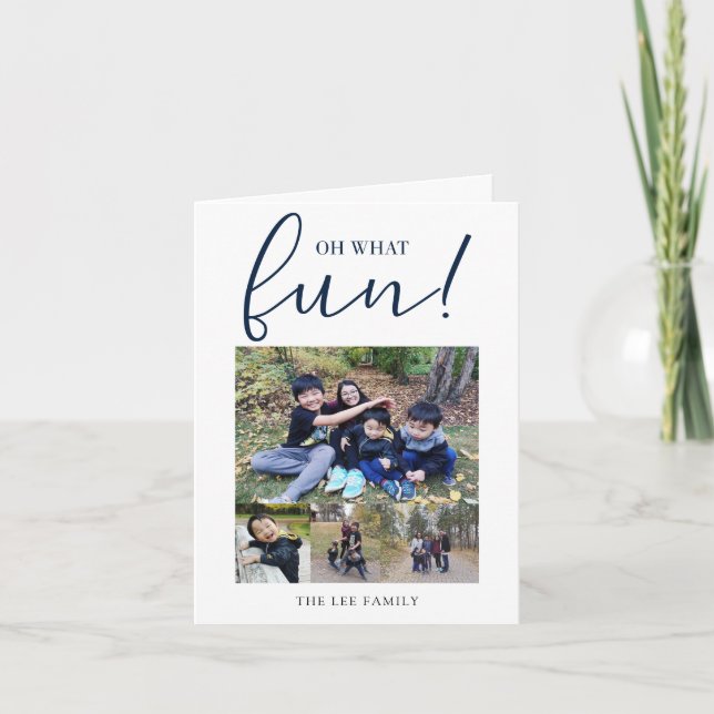 Oh What Fun 4 Photo Collage Navy Blue Christmas Holiday Card (Front)
