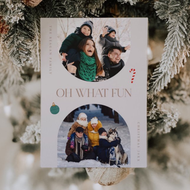 Oh What Fun Beige Arch Frame 3 Photo Holiday Card (Creator Uploaded)