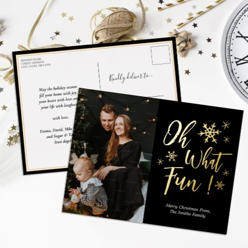 Oh What Fun Black Gold Calligraphy Snowflake Photo Foil Holiday Postcard
