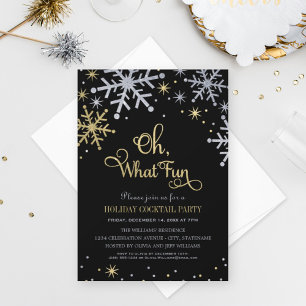 Oh What Fun Black Silver Gold Snowflake Cocktail Invitation