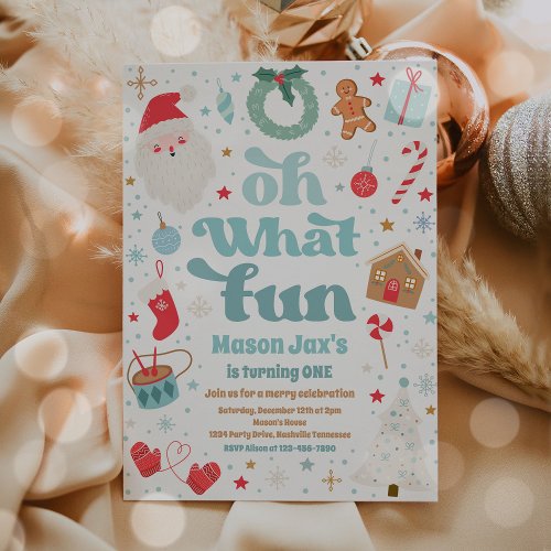 Oh What Fun Blue And Red Christmas Birthday Party Invitation