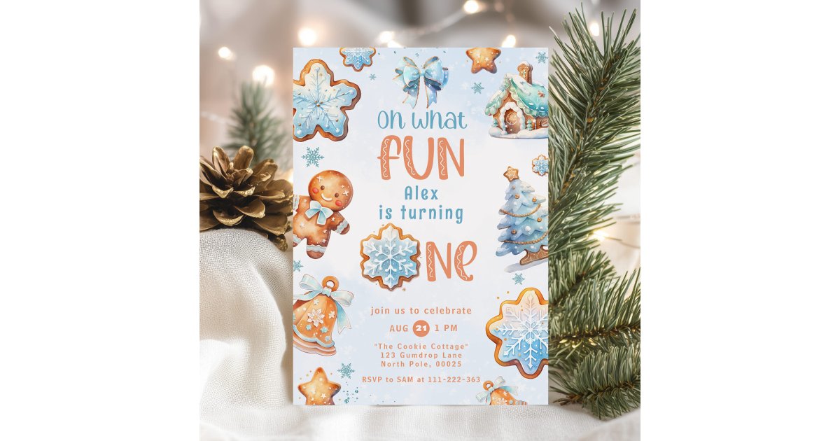 Fun Blue Invite Frame Oh what Fun Blue boy Christmas 1st birthday Invitation | Zazzle