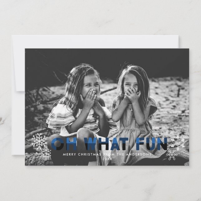 Oh What Fun Blue Buffalo Plaid Christmas Card (Front)