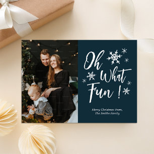 Oh What Fun Blue Calligraphy Snowflakes Photo Holiday Card