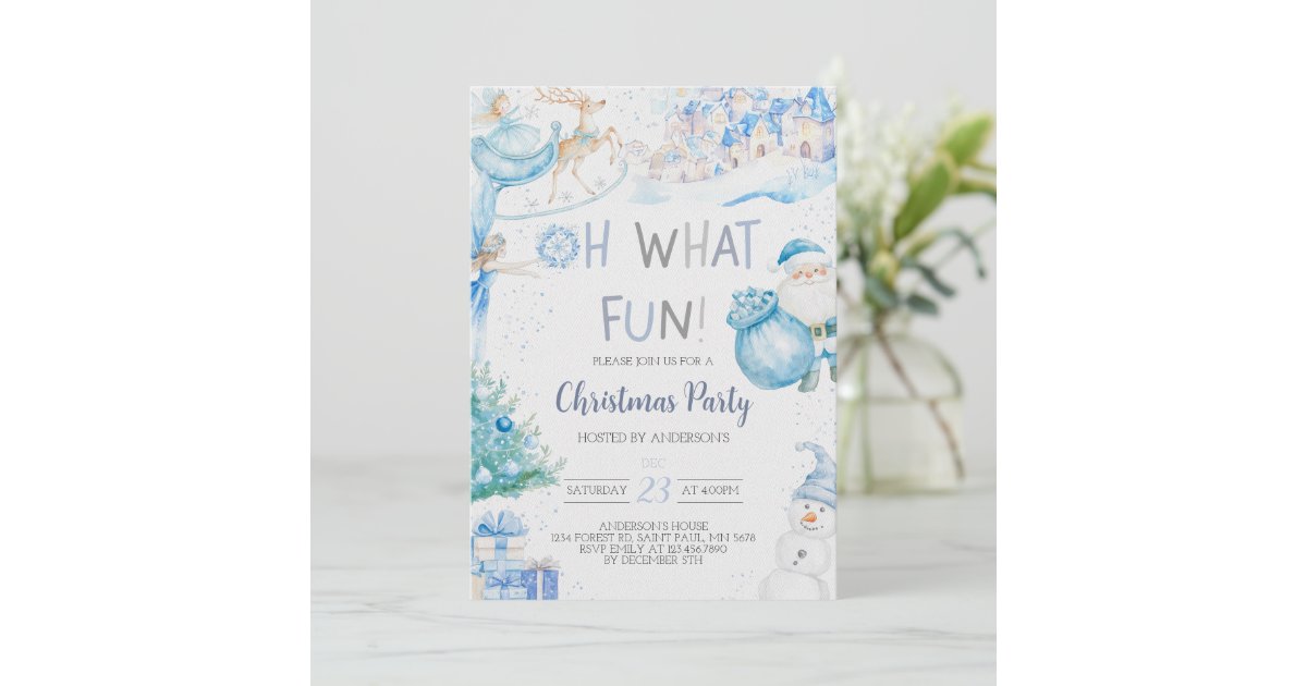 Fun Blue Invite Frame Oh What Fun Blue Christmas Party Invitation | Zazzle