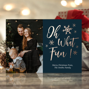 Oh What Fun Blue Gold Calligraphy Snowflakes Photo Foil Holiday Card