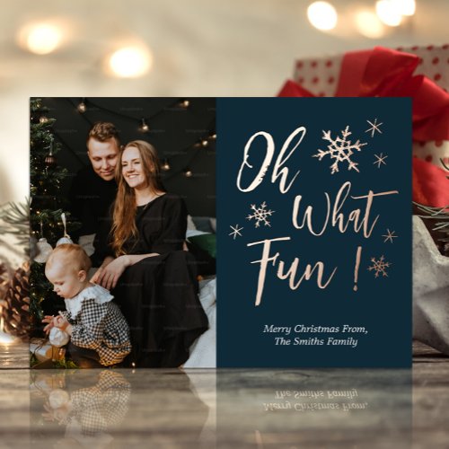 Oh What Fun Blue Gold Calligraphy Snowflakes Photo Foil Holiday Card