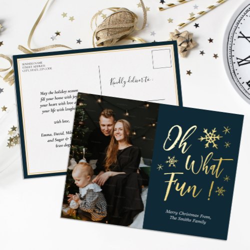 Oh What Fun Blue Gold Calligraphy Snowflakes Photo Foil Holiday Postcard