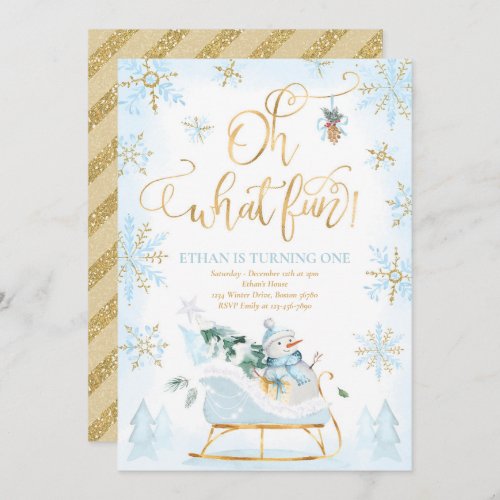 Oh What Fun Blue  Gold Winter Sleigh Birthday Invitation