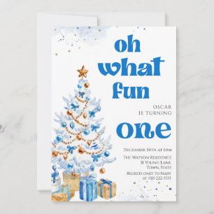 Oh what fun Blue tree christmas birthday  Invitation