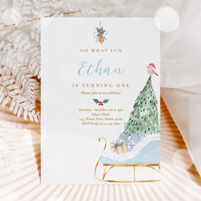 Oh What Fun Boy Winter Sleigh 1st Birthday Party Invitation (Creator Uploaded)