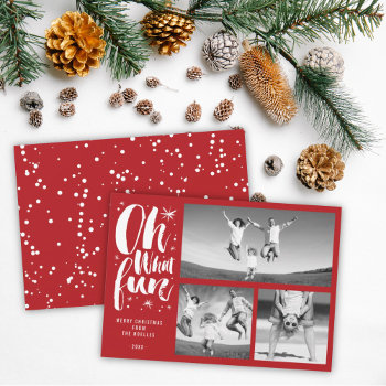 Oh What Fun Brush Script Sparkling Stars 3 Photo Holiday Card by fat_fa_tin at Zazzle