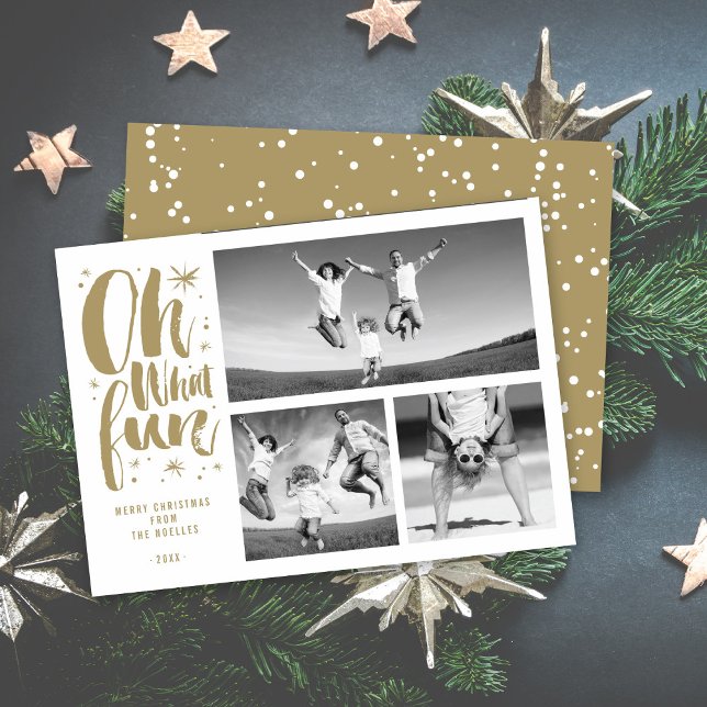 Oh What Fun Brush Script Sparkling Stars 3 Photo Holiday Card (Creator Uploaded)