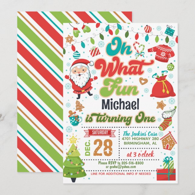 Oh What Fun Christmas 1st Birthday (Boy) Invitation (Front/Back)