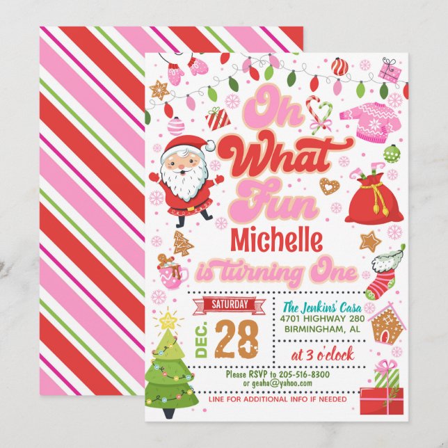 Oh What Fun Christmas 1st Birthday (Girl) Invitation (Front/Back)