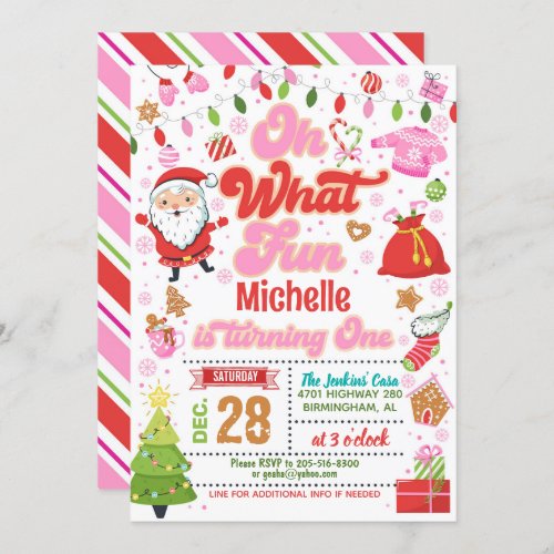 Oh What Fun Christmas 1st Birthday Girl Invitation