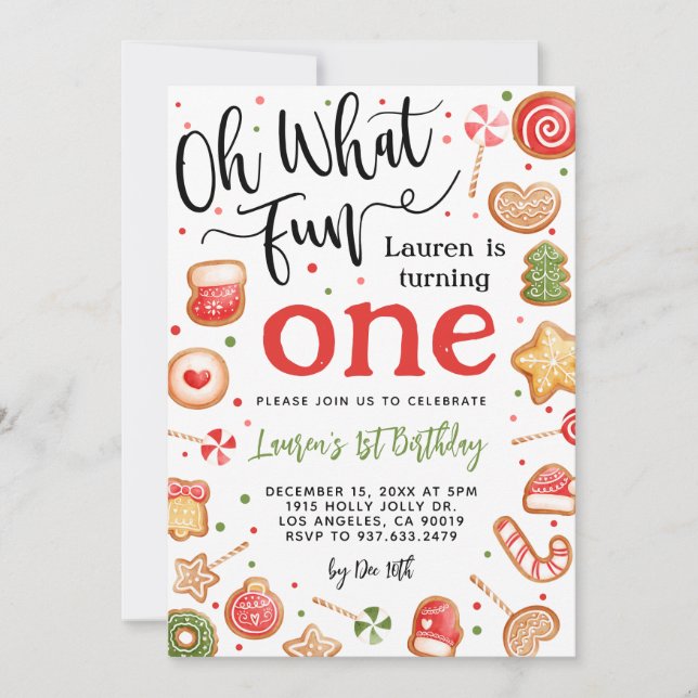 Oh What Fun Christmas 1st Birthday Invitation (Front)