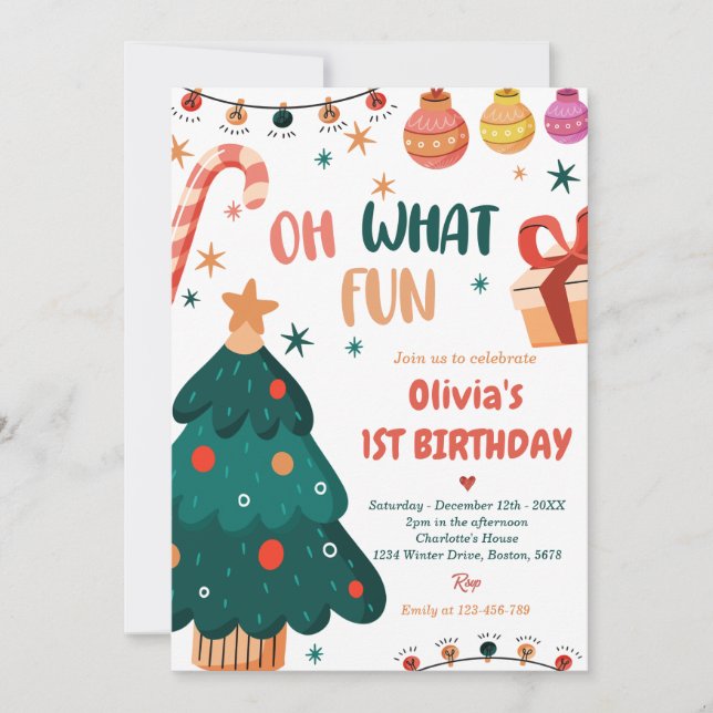 Oh What Fun Christmas Birthday Party Invitation (Front)