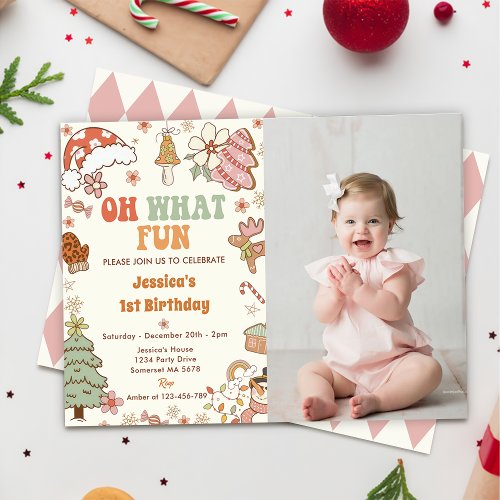 Oh What Fun Christmas Cookie 1st Birthday Photo Invitation