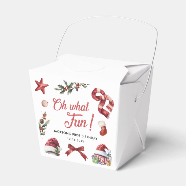 Oh What Fun Christmas First Birthday Party Favor Boxes (Front Side)