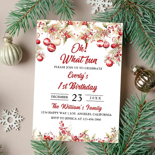 Oh What Fun Christmas Floral Birthday Party Invitation