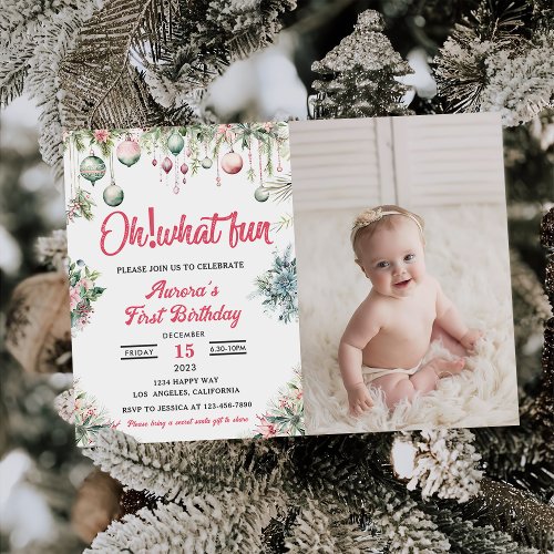 Oh What Fun Christmas Floral Birthday Photo Invitation