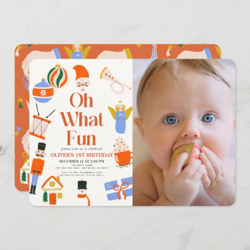 Oh What Fun Christmas Holiday 1st Birthday Invitation