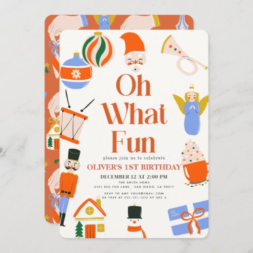 Oh What Fun Christmas Holiday 1st Birthday Invitation